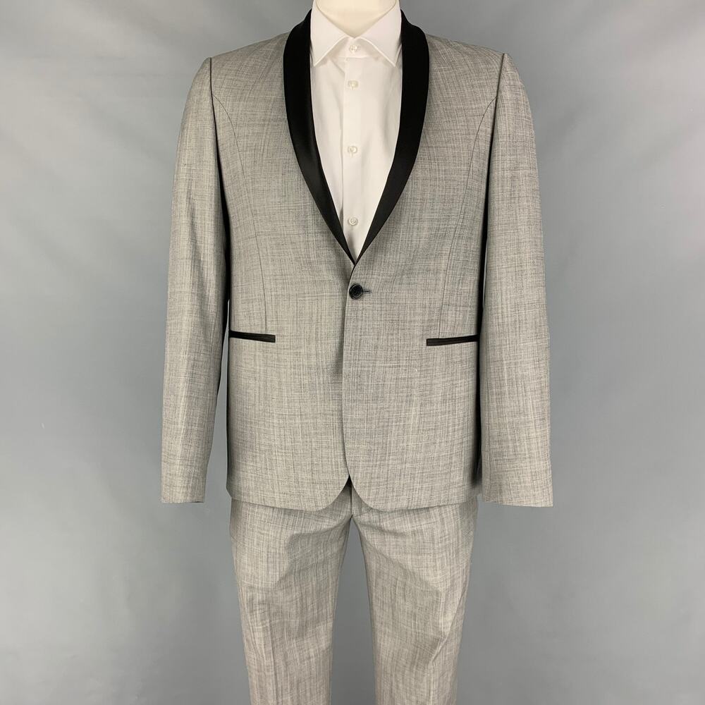 ROGER ELSTEN Size 42 Grey Black Wool Polyester Shawl Collar Suit
